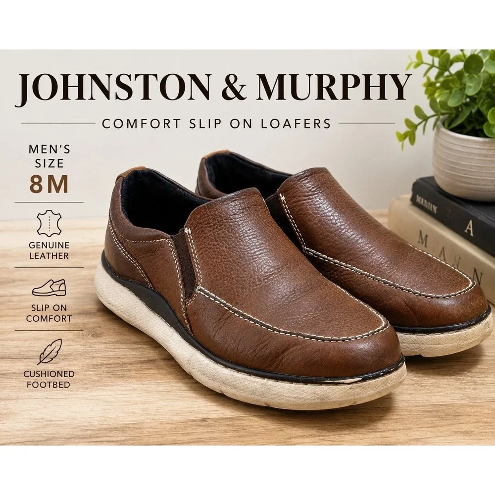 Johnston & Murphy Brown Leather Slip On Loafers Men's 8M Comfort Casual Shoe